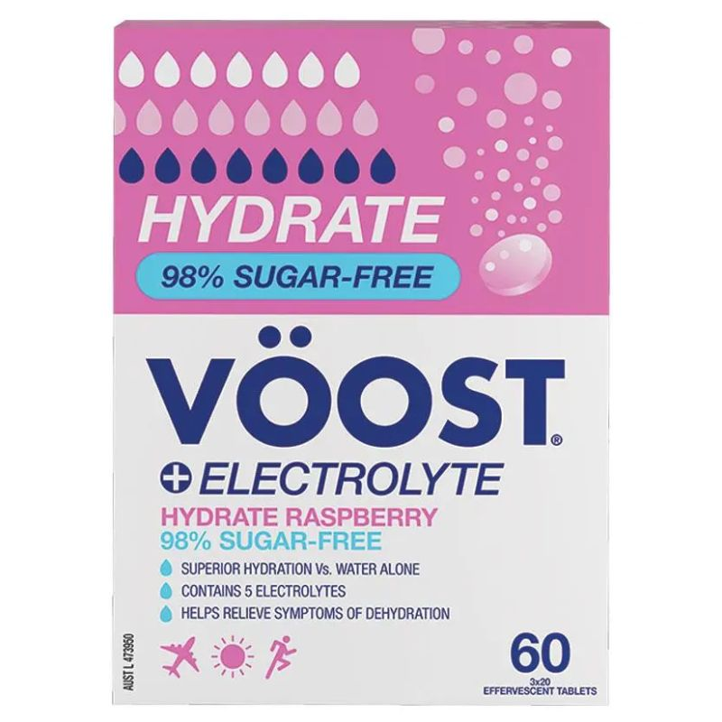 [Expiry: 04/2028] Voost Hydrate Sugar Free Raspberry Effervescent Tablets 60 Pack