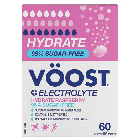 [Expiry: 04/2028] Voost Hydrate Sugar Free Raspberry Effervescent Tablets 60 Pack