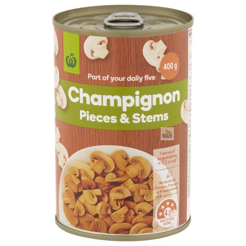 [Expiry Date: 30/04/2027] Woolworths Champignons Pieces & Stems 400g