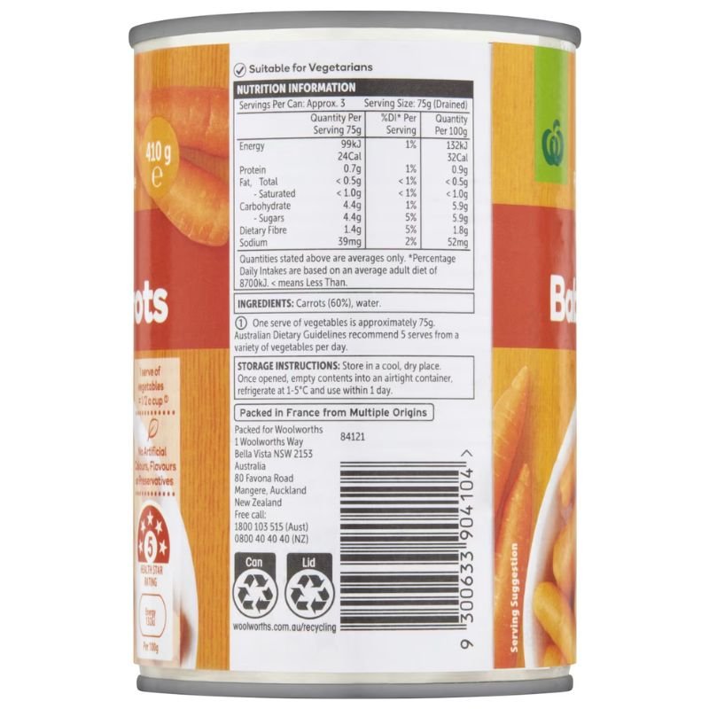 [Expiry: 31/08/2028] Woolworths Whole Baby Carrots Baby 410g