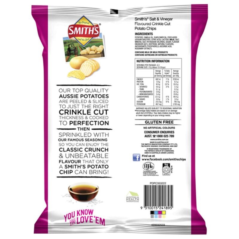 [CLEARANCE Expiry: 01/02/2026] Smith's Crinkle Cut Salt And Vinegar Potato Chips 170g