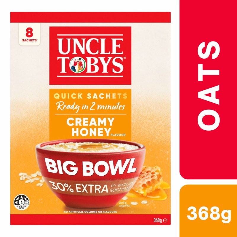 [Expiry Date: 18/03/2027] Uncle Tobys Oats Quick Sachets Creamy Honey Big Bowl Porridge 8 Pack 368g