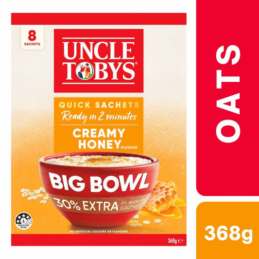 [Expiry Date: 18/03/2027] Uncle Tobys Oats Quick Sachets Creamy Honey Big Bowl Porridge 8 Pack 368g