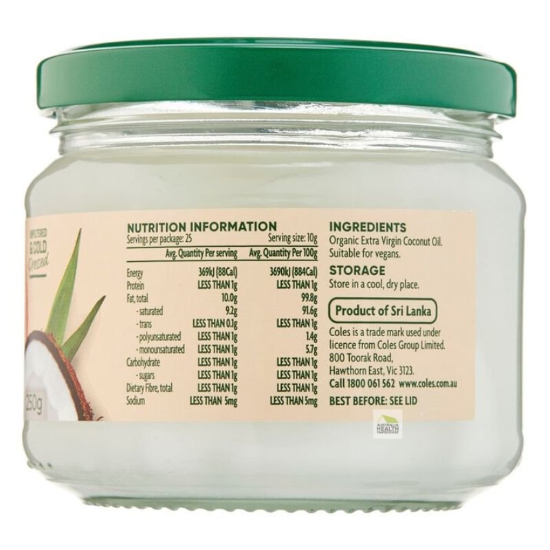 [Expiry: 17/03/2027] Coles Certified Organic Extra Virgin Coconut Oil Unrefined 250g