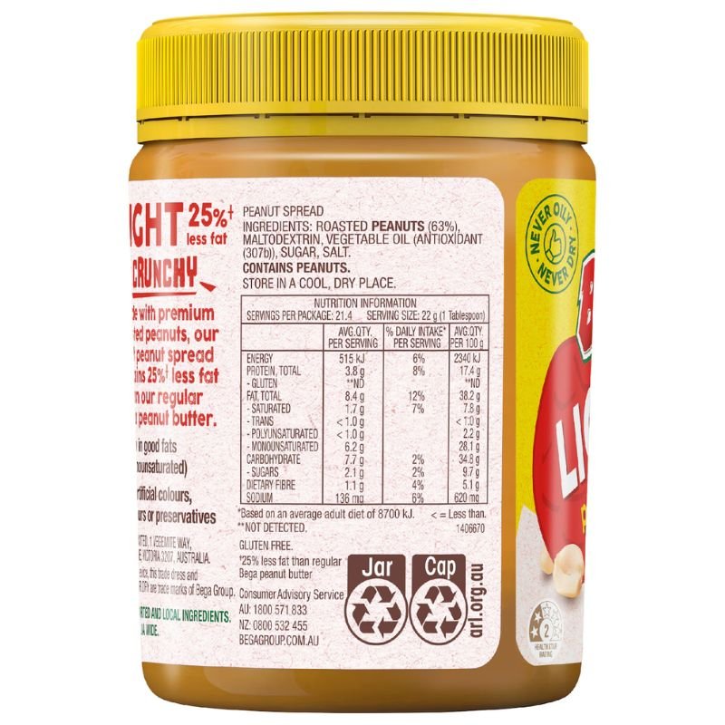 [Expiry Date: 08/02/2027] Bega Spread Peanut Butter Light Crunchy 470g
