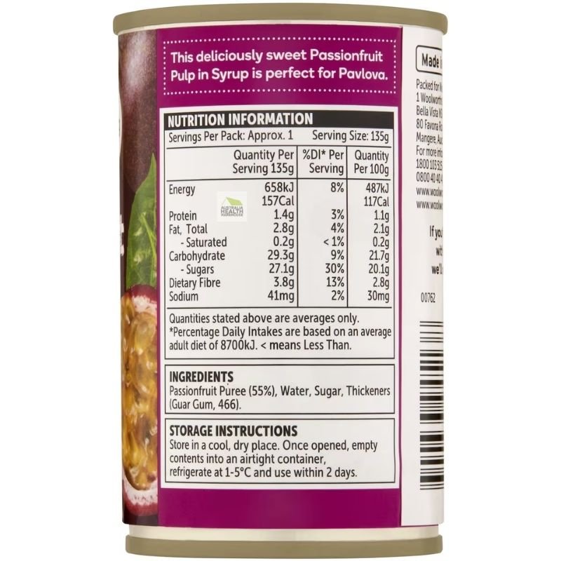 [Expiry: 22/12/2026] Woolworths Passionfruit Pulp Canned 170g