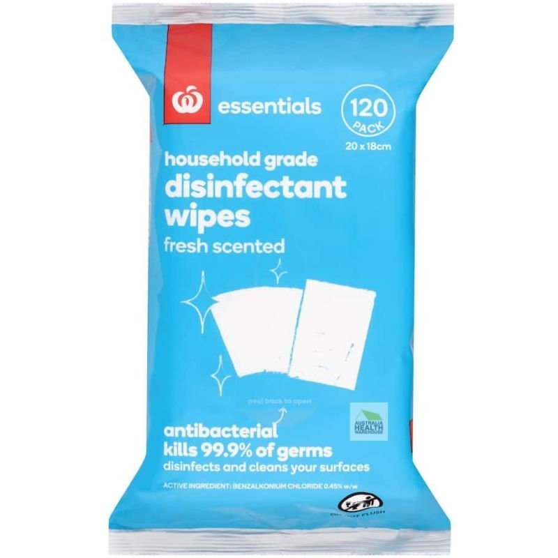 [Expiry Date: 24/07/2027]  Woolworths Essentials Household Grade Disinfectant Wipes 120 Pack
