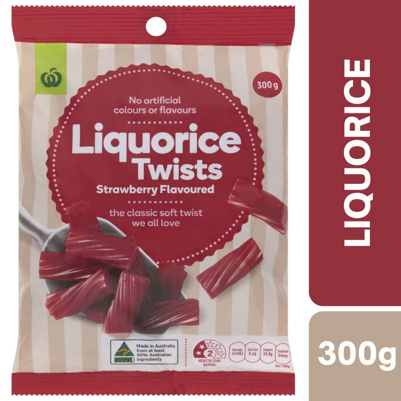 [Expiry Date: 12/01/2027]  Woolworths Liquorice Twists Strawberry Flavoured 300g