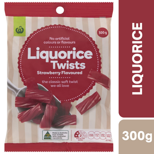 [Expiry Date: 12/01/2027]  Woolworths Liquorice Twists Strawberry Flavoured 300g