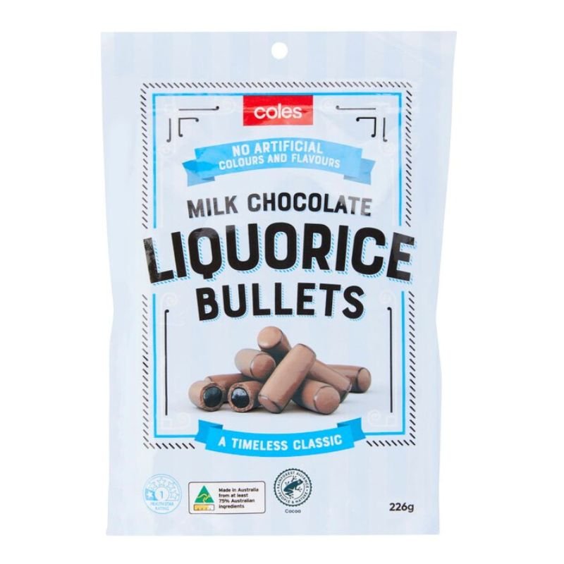 [CLEARANCE Expiry: 05/08/2025] Coles Milk Chocolate Liquorice Bullets 226g