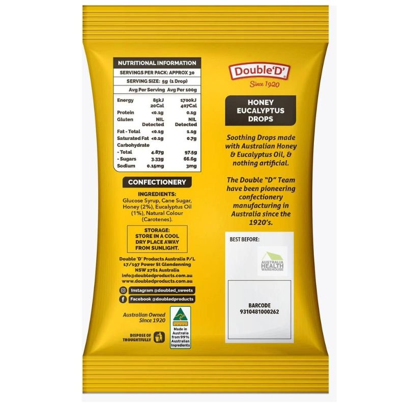 [Expiry: 08/01/2027] Double ‘D’ Honey Eucalyptus Drops 150g