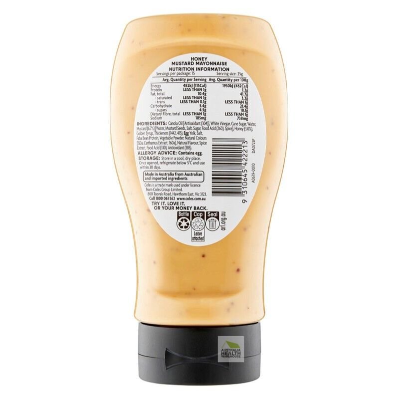 [Expiry:23/06/2026] Coles Honey Mustard Mayonnaise 380g