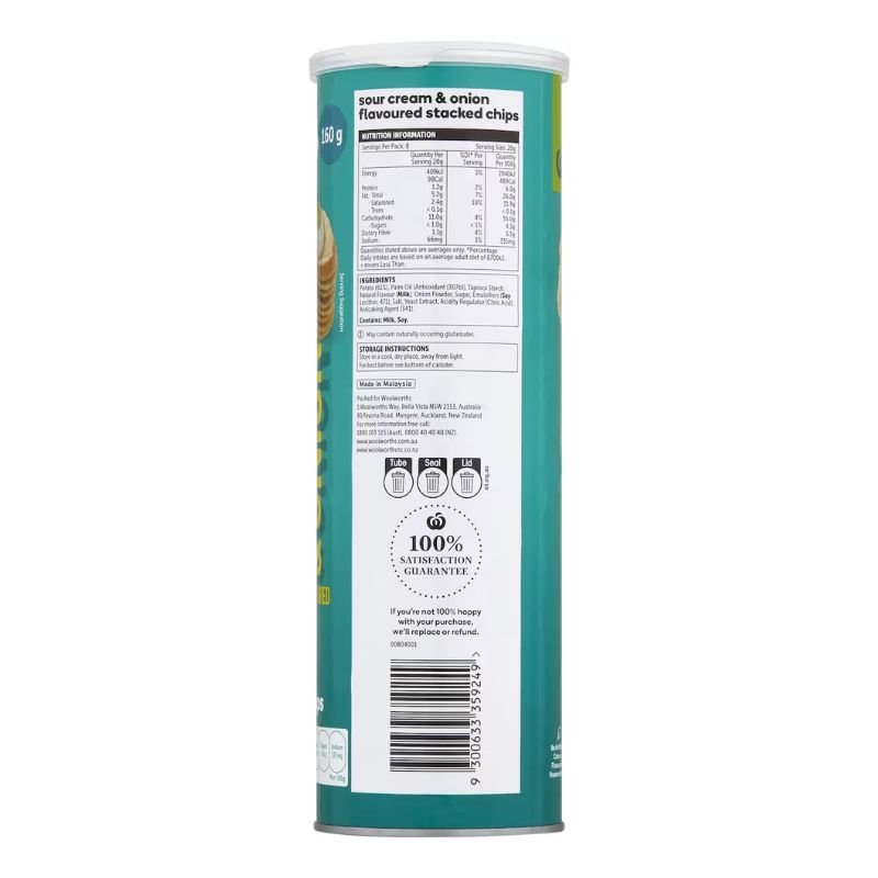 [CLEARANCE Expiry: 15/10/2026] Woolworths Sour Cream & Onion Stacked Chips 160g