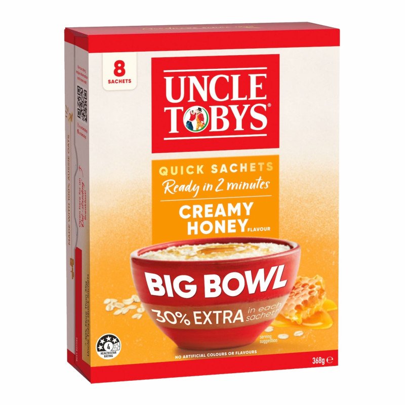 [Expiry Date: 18/03/2027] Uncle Tobys Oats Quick Sachets Creamy Honey Big Bowl Porridge 8 Pack 368g