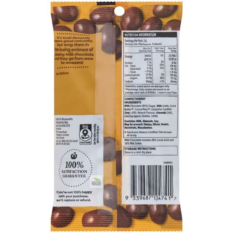 [Expiry: 27/01/2027] Woolworths Milk Chocolate Almonds 190g