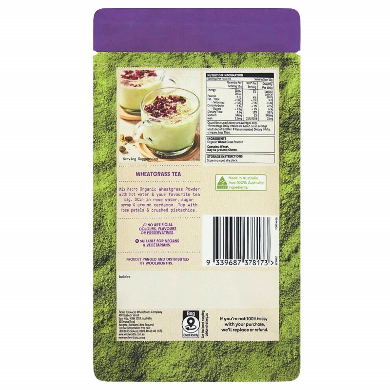 [CLEARANCE Expiry Date: 31/07/2026] Woolworths Macro Organic Wheatgrass Powder 100g