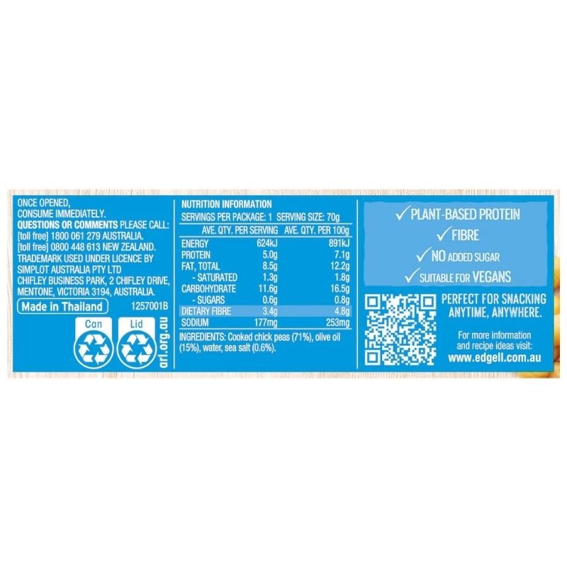 [Expiry Date: 30/06/2028] Edgell Snack Time Chickpeas With Olive Oil & Sea Salt 70g