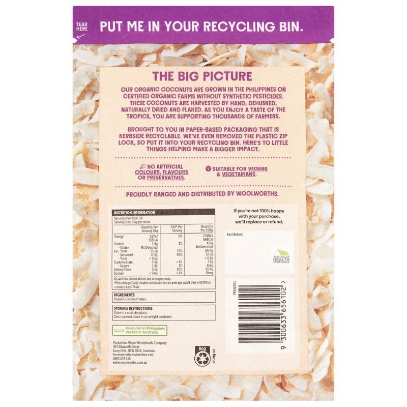 [CLEARANCE Expiry: 03/05/2026] Woolworths Macro Organic Coconut Flakes 200g