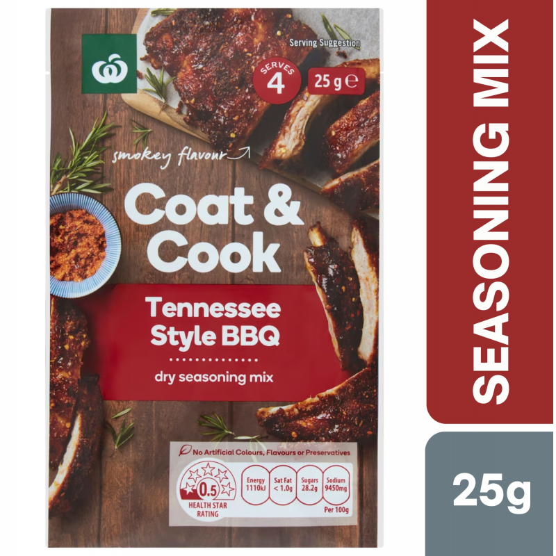 [Expiry Date: 22/06/2027] Woolworths Coat & Cook Seasoning Mix Tennessee Style BBQ 25g