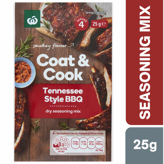 [Expiry Date: 22/06/2027] Woolworths Coat & Cook Seasoning Mix Tennessee Style BBQ 25g