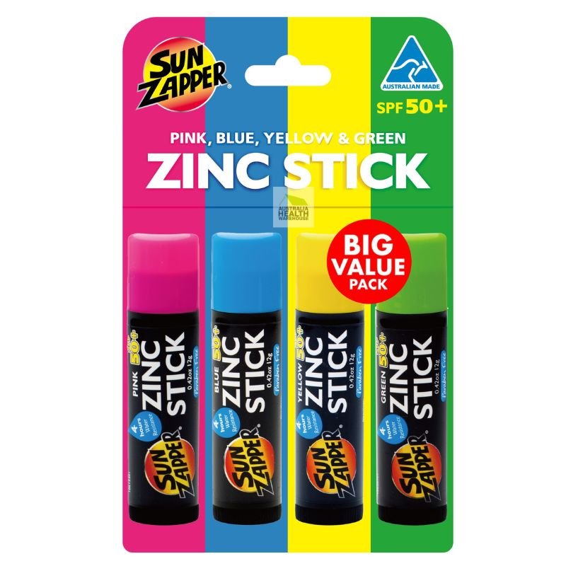 Sun Zapper Zinc Sticks SPF 50+ Mixed Pack 4 x 12g Pink, Blue, Yellow & Green