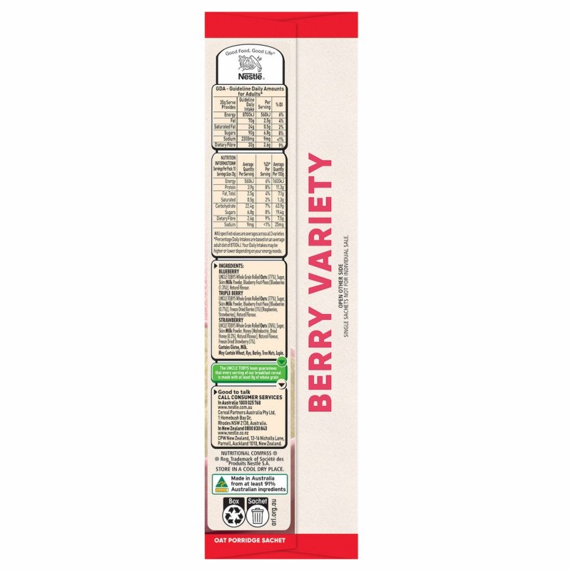 [Expiry Date: 27/11/2026] Uncle Tobys Oats Quick Sachets Berry Variety 10 Pack 350g