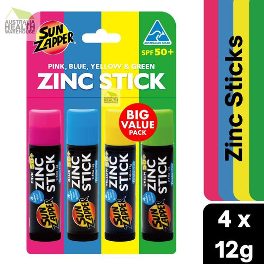 Sun Zapper Zinc Sticks SPF 50+ Mixed Pack 4 x 12g Pink, Blue, Yellow & Green