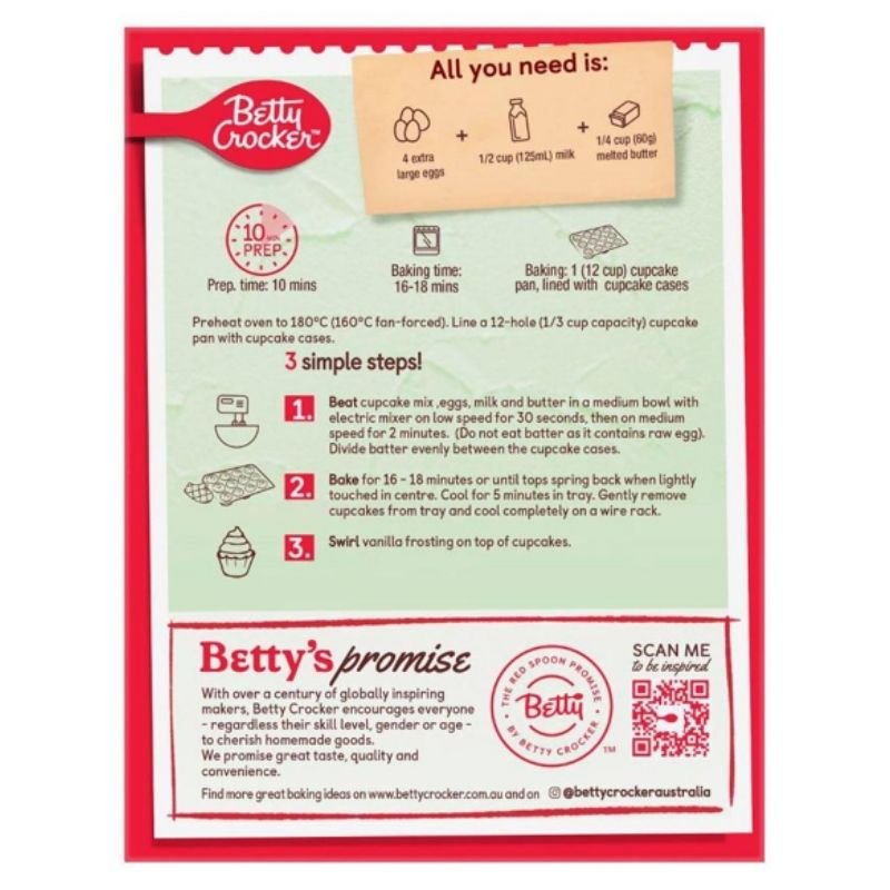 [Expiry Date: 22/02/2027] Betty Crocker Bake Smart Gluten Free Vanilla Cupcake Mix 450g