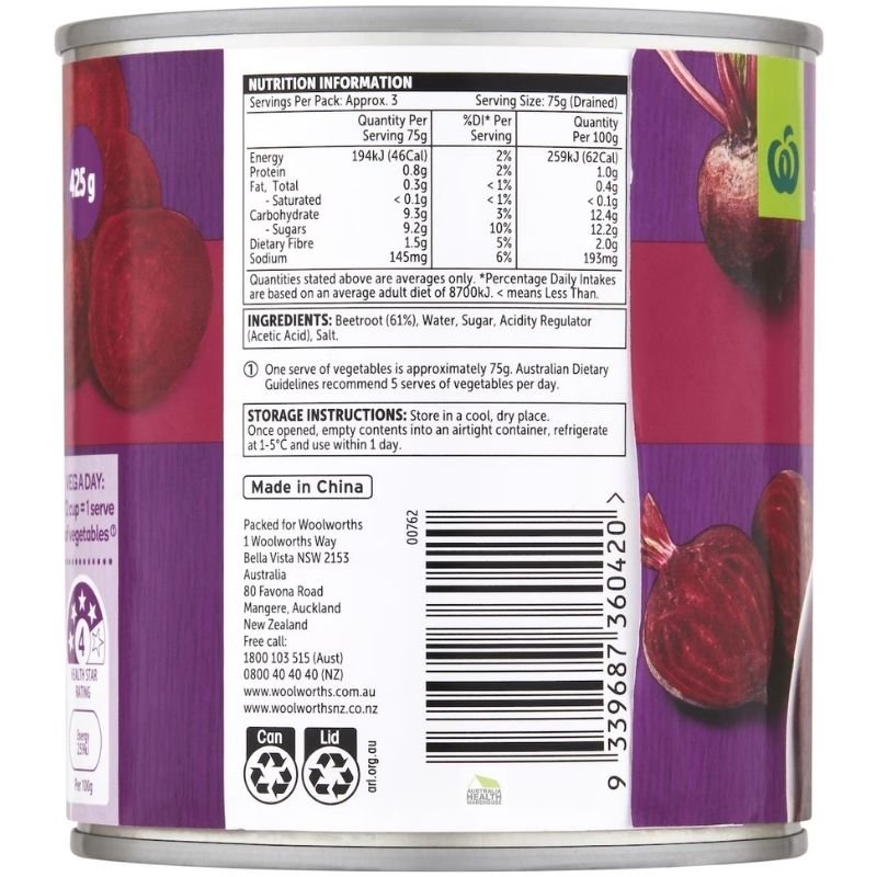 [Expiry: 01/06/2028] Woolworths Sliced Beetroot 425g|Oz Mart