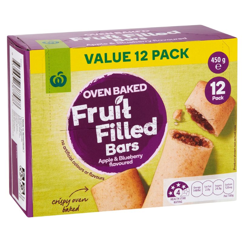 [CLEARANCE Expiry Date: 30/04/2026] Woolworths Oven Baked Fruit Filled Bars Apple & Blueberry Flavoured 12 Pack