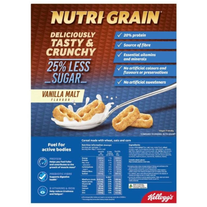 [Expiry Date:22/04/2027]  Kellogg's Nutri Grain 25% Less Sugar Vanilla Malt Flavour 450g