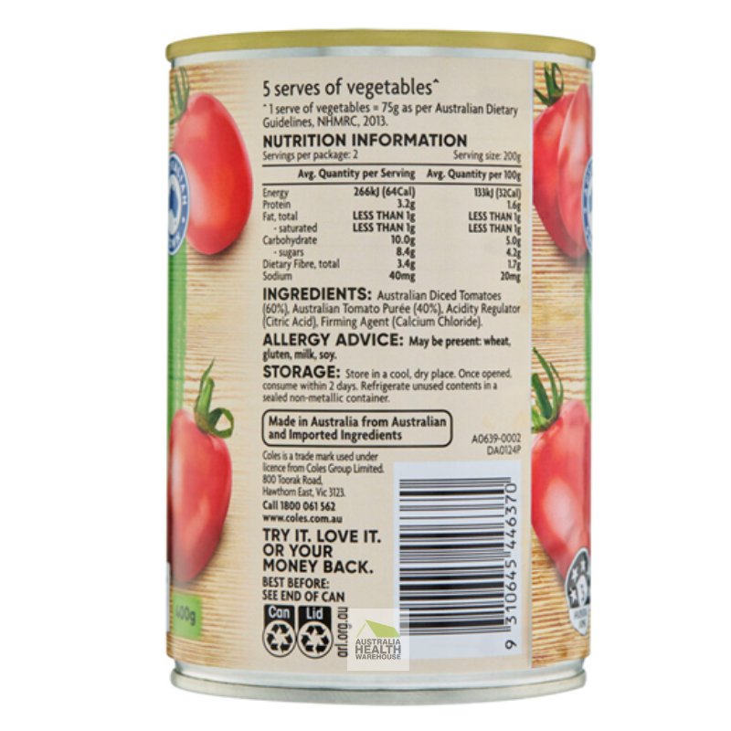 [Expiry Date: 30/05/2027] Coles Australian Diced Tomatoes 400g