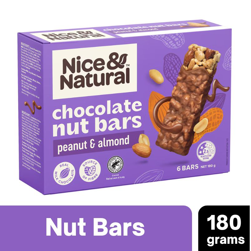 [Expiry: 15/11/2026] Nice & Natural Chocolate Nut Bars Peanut & Almond 6 Bars 180g