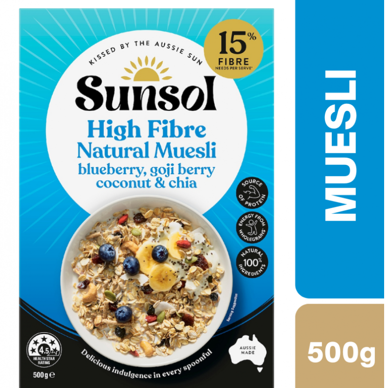 [Expiry Date: 15/01/2027] Sunsol Natural Muesli Blueberry Goji Berries Coconut & Chia 500g
