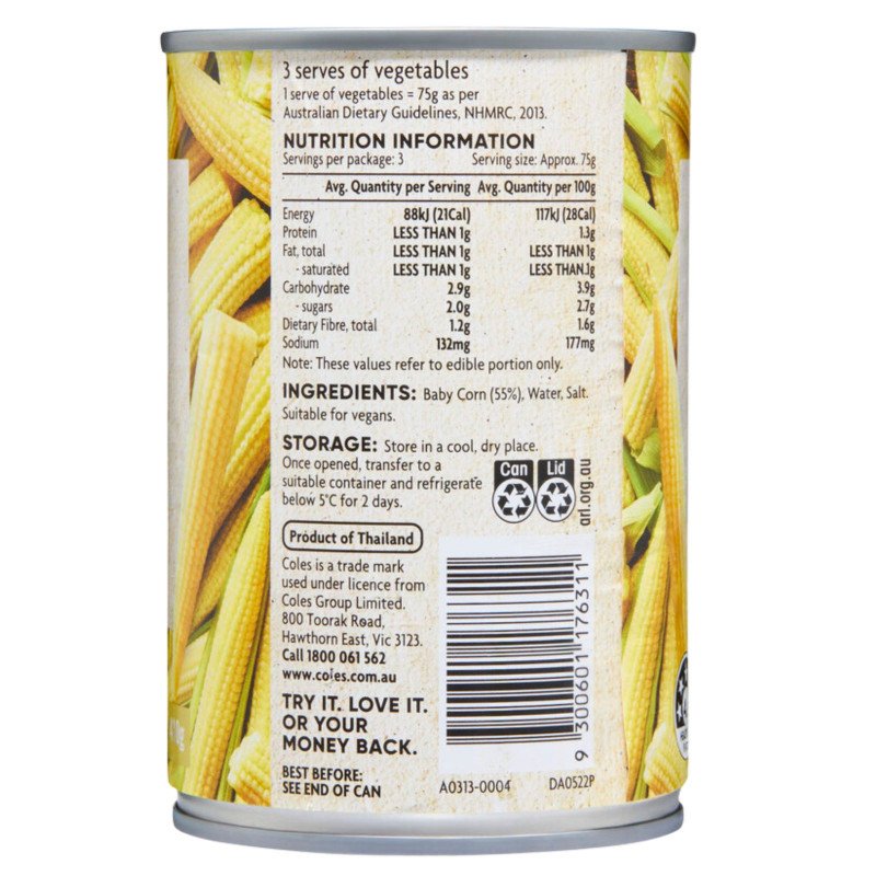 [Expiry Date: 06/10/2028] Coles Baby Corn Spears 410g