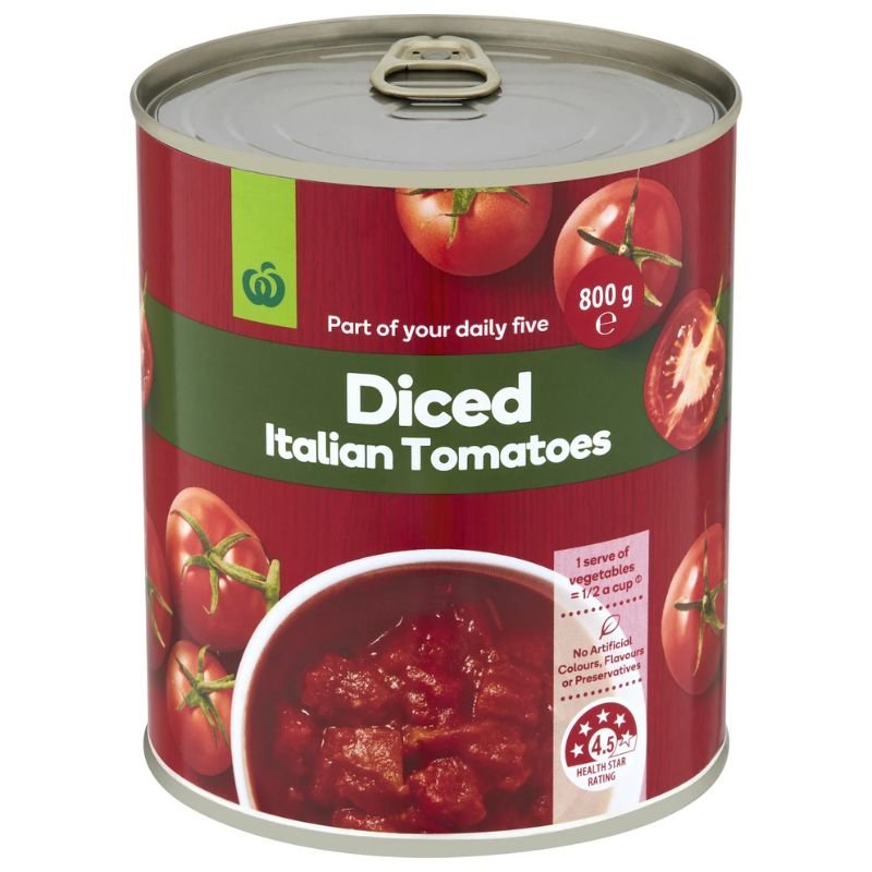 [Expiry Date: 31/07/2028] Woolworths Diced Italian Tomatoes 800g