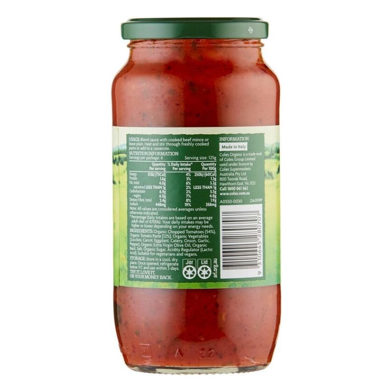 Coles Organic Pasta Sauce Classic Bolognese 500g