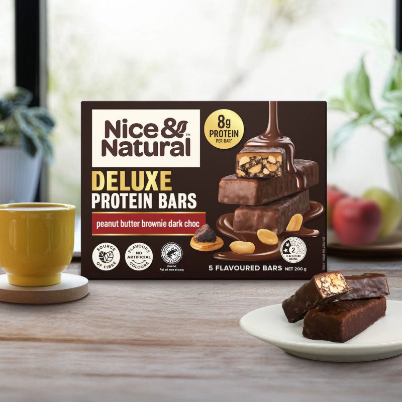 [CLEARANCE Expiry Date: 26/10/2026] Nice & Natural Deluxe Protein Bars Peanut Butter Brownie Dark Choc 5 Pack 200g
