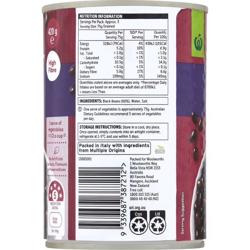 [Expiry Date: 03/10/2028] Woolworths Black Beans 420g|Oz Mart