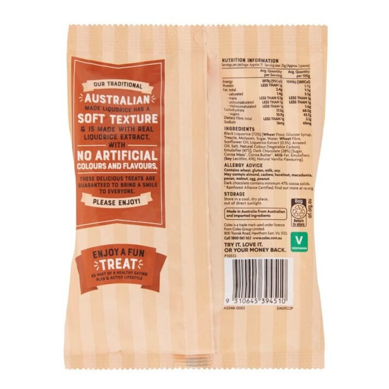 [CLEARANCE Expiry: 29/07/2025] Coles Dark Chocolate Liquorice Twists 270g