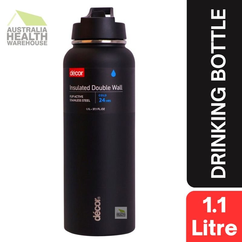 Decor Insulated Double Wall Flip Active Stainless Steel Bottle 1.1 Litre (BLACK)