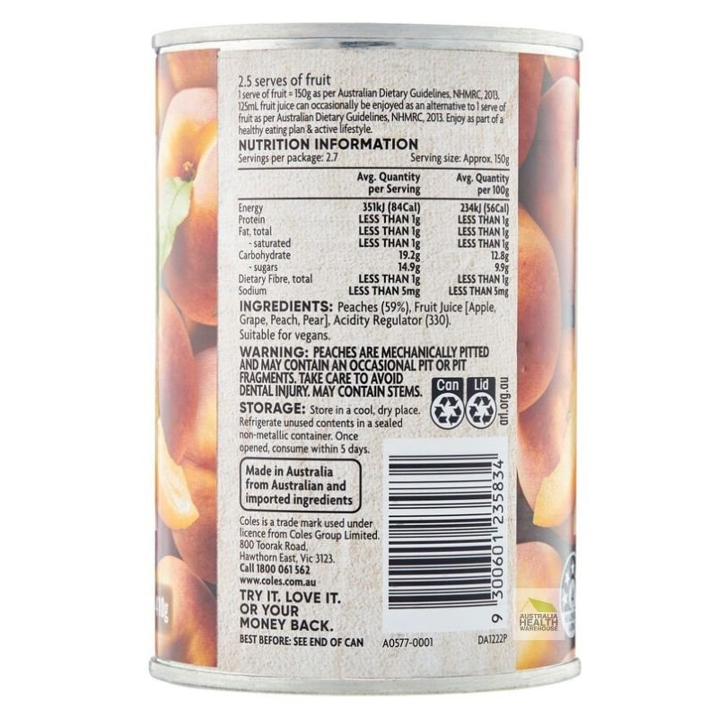 [Expiry Date: 01/2029] Coles Australian Peach Slices in Juice 410g