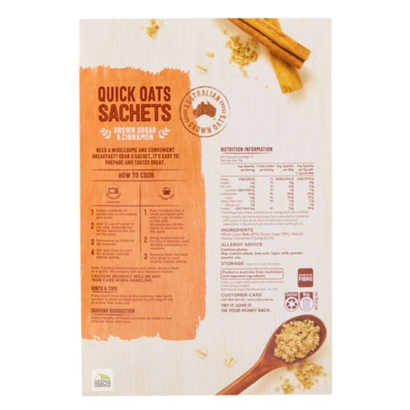 [Expiry Date: 20/08/2026] Coles Quick Oats Brown Sugar & Cinnamon Sachets 12 Pack 420g
