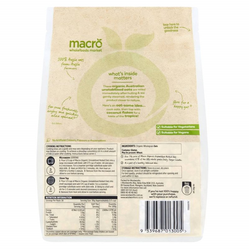 [Expiry Date: 12/03/2026] Woolworths Macro Organic Australian Unstabilised Rolled Oats 500g