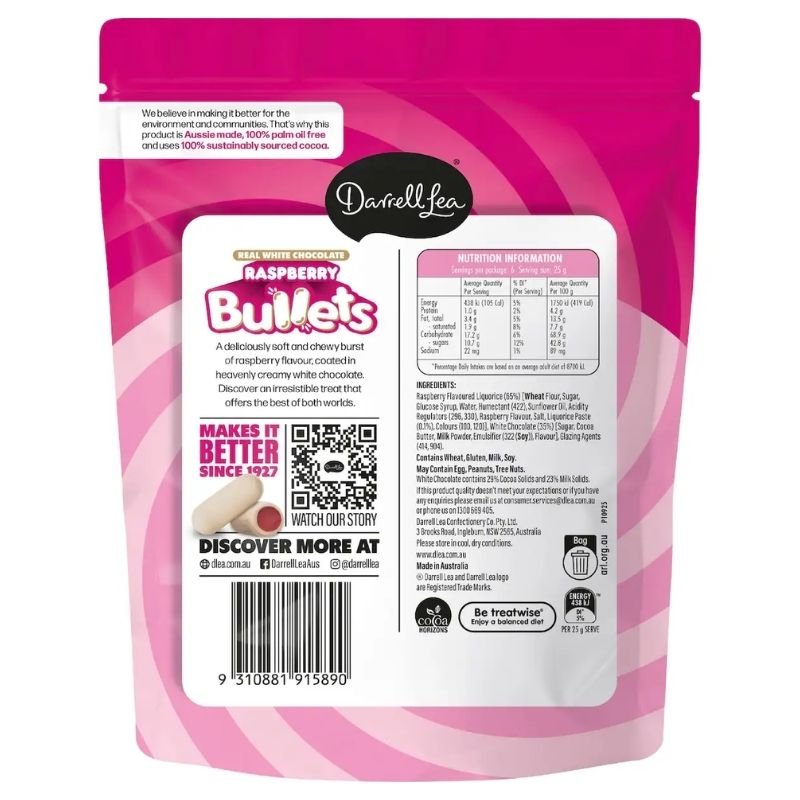 [Expiry Date: 08/06/2027]  Darrell Lea White Chocolate Raspberry Bullets 150g