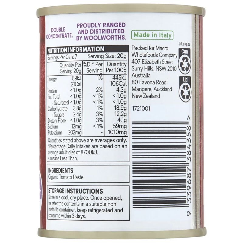[Expiry Date: 31/07/2027] Woolworths Macro Organic Tomato Paste No Added Salt 140g