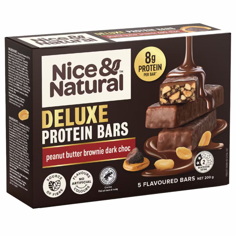 [CLEARANCE Expiry Date: 26/10/2026] Nice & Natural Deluxe Protein Bars Peanut Butter Brownie Dark Choc 5 Pack 200g