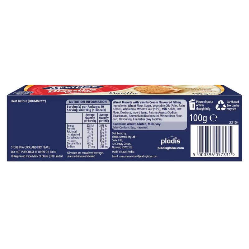 [Expiry Date: 17/02/2027] McVitie's Digestive Creams Vanilla Flavour Biscuits 100g
