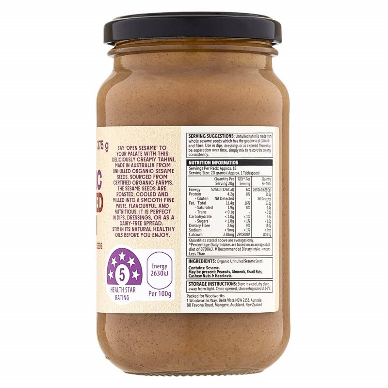 [Expiry: 03/2028] Woolworths Macro Organic Unhulled Tahini Spread 375g