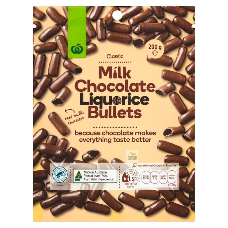 [Expiry Date: 09/02/2027] Woolworths Milk Chocolate Liquorice Bullets 200g